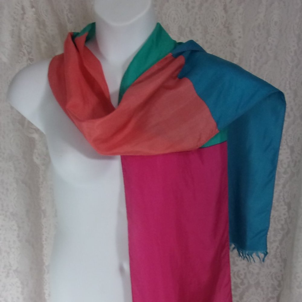 Oblong Silk Scarf Color Blocked Colors of Pink Blue Teal NWOT